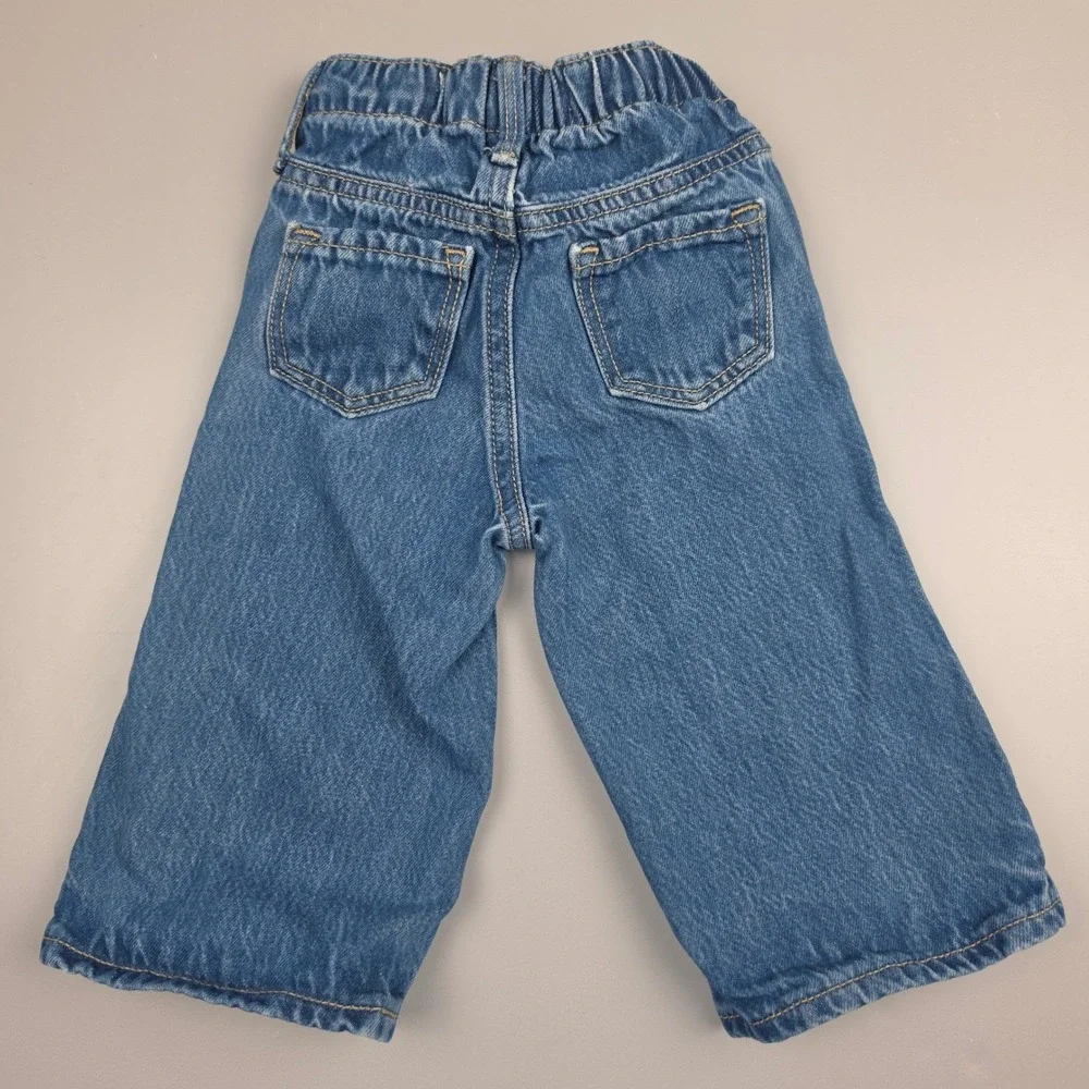 Old Navy Jeans Kids 12-18M Blue EUC Floral Embroidered Wide Leg Adjustable Waist